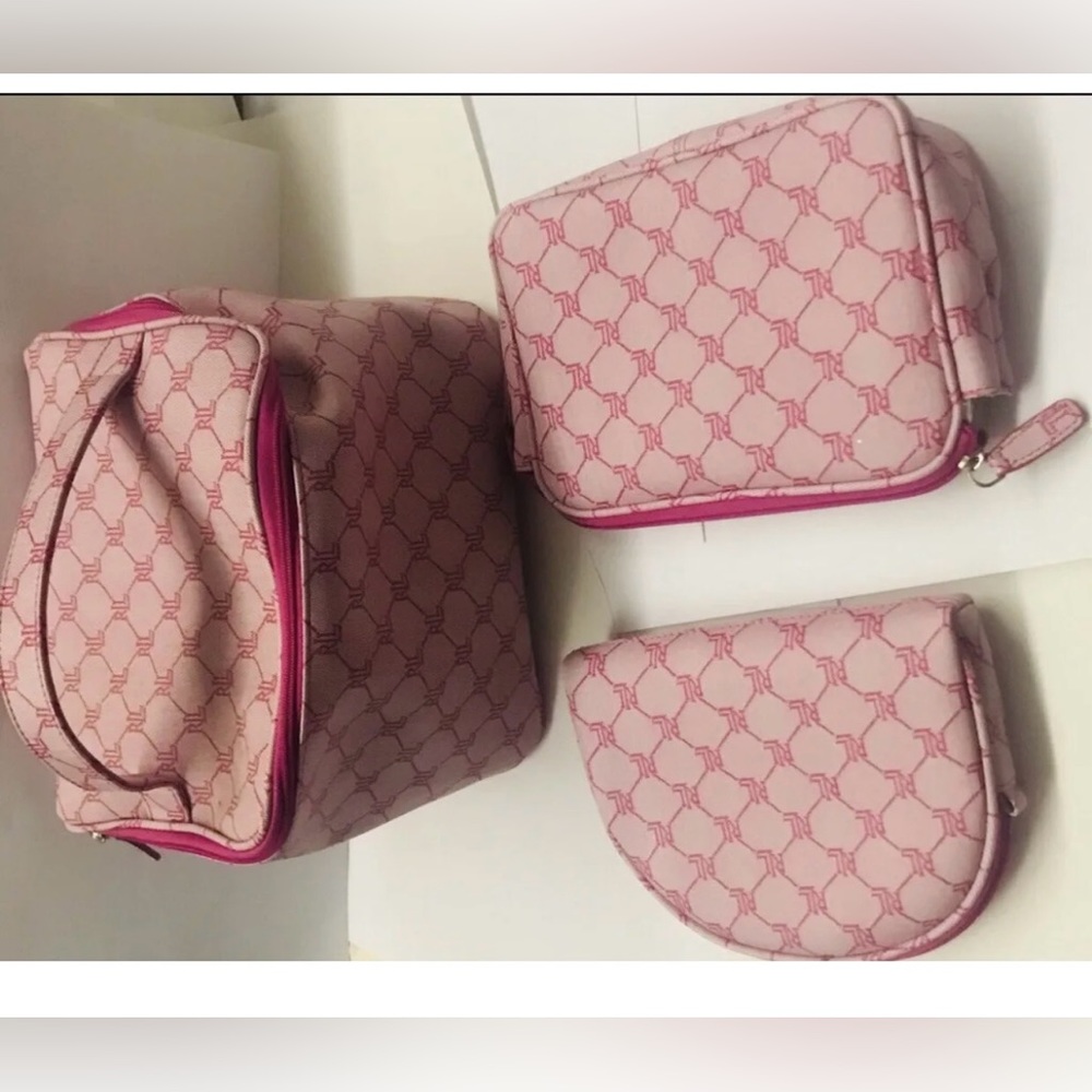 New 3 New Lauren Ralph Lauren Pink Cosmetic Bags iPhone Bag Signature RL Logo - Picture 7 of 14